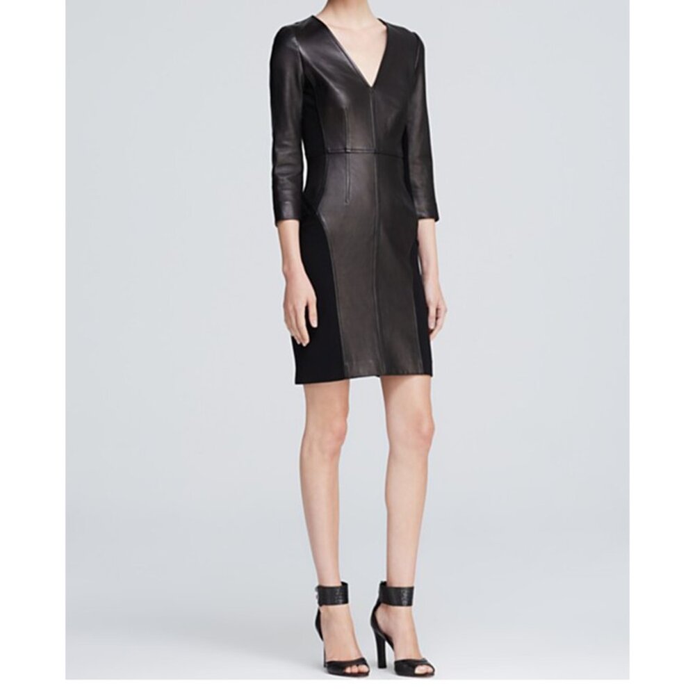 $850 Diane von Furstenberg Sleeve Leather-Front Sheath Knit Dress Black 0 US